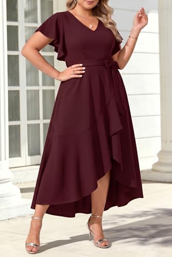 Image of Women Plus Size Wedding Guest Dress - Formal Cocktail Split Ruffle V Neck High Low Party Long Maxi Dresses