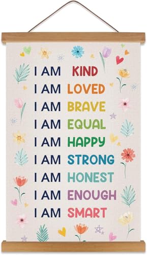 KAIRNE Positive Affirmations Wall Decor For Kids,I am Kind Smart Poster Hanger Frame, Boho Flowers Girly Poster,Rainbow Wall Art Hanging Inspirational Banner Decor for Classroom Nursery Playroom