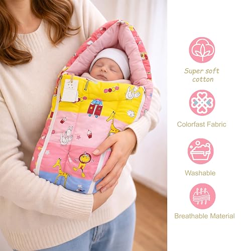 Image of Infantbond by fareto Baby Bedding Set Essentials Combo | Baby Bed | Carry Bag | Sleeping Bag | Hand Carry Bed | Feeding Pillow (0-6 Months)(All in 1) (Pink Giffi)