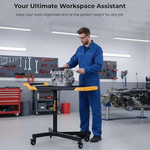 Image of Adjustable Height Mobile Work Table, Rolling Tool Cart - Heavy-Duty Steel Service Stand for Mechanics, Garage, Workshop & DIY Projects - 34 inch to 48 inch Portable Workstation