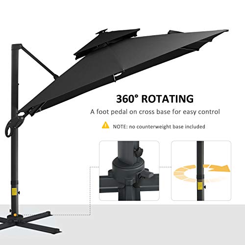 Outsunny 10Ft Cantilever Patio Umbrella With Solar Led Lights, Double Top Square Outdoor Offset Umbrella With 360° Rotation, 4-Position Tilt, Crank & Cross Base For Garden, Deck, Pool, Dark Gray #TOP5
