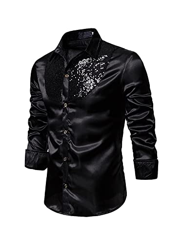 YILEEGOO Camicie da uomo in raso lucido paillettes abbottonate manica lunga slim fit discoteca partito prom camicie da sposa costume, Nero , XL