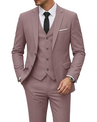 Image of YND Men's 3 Piece Suit with Tie, Solid Color Slim Fit Jacket Vest and Pants