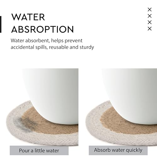 Image of Encasa XO Drink Coasters Set of 6 | Beige & Off White with Round (9 cm) | Handcrafted Ribbed Cotton | Absorbent & Heat-Resistant | Use for Tea, Coffee Table & Desk