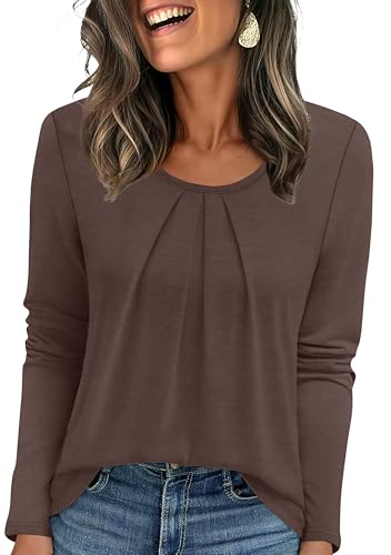 OFEEFAN Long Sleeve Shirts for Women Pleated Crewneck Womens Tops Dressy Casual Business Blouses S-3XL