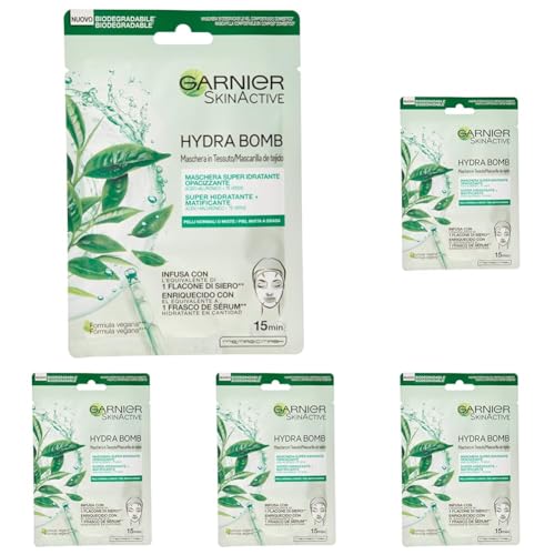 Garnier SkinActive Hydra Bomb Maschera Viso in Tessuto Super Idratante Opacizzante per Pelli Miste o Grasse, 32 gr (Confezione da 5)