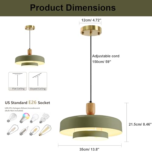 Image of Olive Green Pendant Light 2 Packs, 13.8 inch Farmhouse Pendant Light Industrial Adjustable Hanging Light Fixture with E26 Base for Over Dining Room Table Entryway Hallway