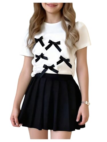 RoseSeek Girl's 2 Piece Preppy Summer Outfits 3D Bowknot T