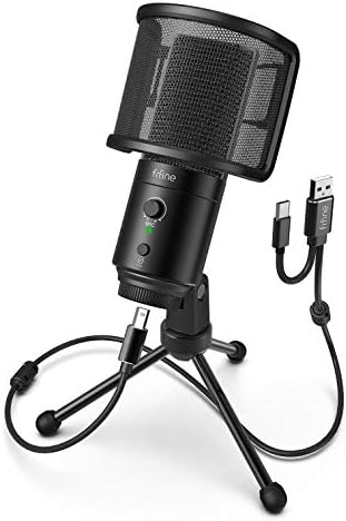 FIFINE USB Desktop PC Microphone with Pop Filter for Computer and Mac, Studio Condenser Mic with Gain Control Mute Button Headphone Jack for Gaming Streaming Recording YouTube, Extra USB-C Plug -K683A