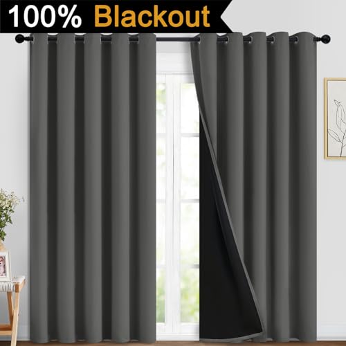 Image of Yakamok Dark Grey 100% Blackout Curtains 84 Inches Long 70 inch Wide 2 Panels | Blackout Curtain Panels for Bedroom, 2 Thick Layers Grommet Top Thermal Insulated Drapes with Black Liner for Living Room