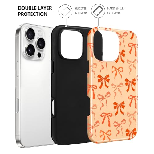 Image of Magnetic for iPhone 16 Pro Case for Women Men, Orange Bow | Cute Ribbon Bow Pattern Design [Compatible with MagSafe] 2-Layer Hybrid Shockproof Glossy Protective Cover
