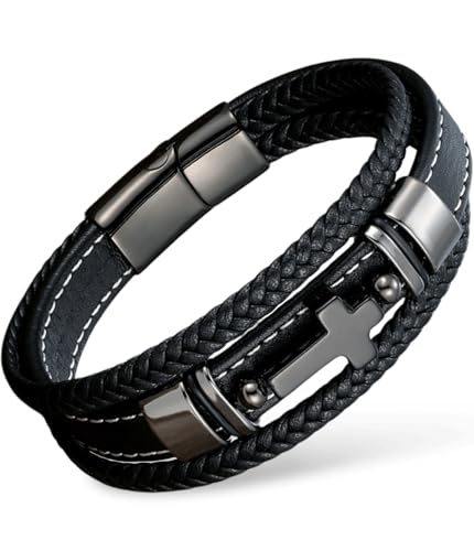 Mens Bracelet Cross Multilayer Black Braided Genuine Leather Bracelet for Men Christian Jewelry 316L Stainless Steel Clasp Religious Gift for Men