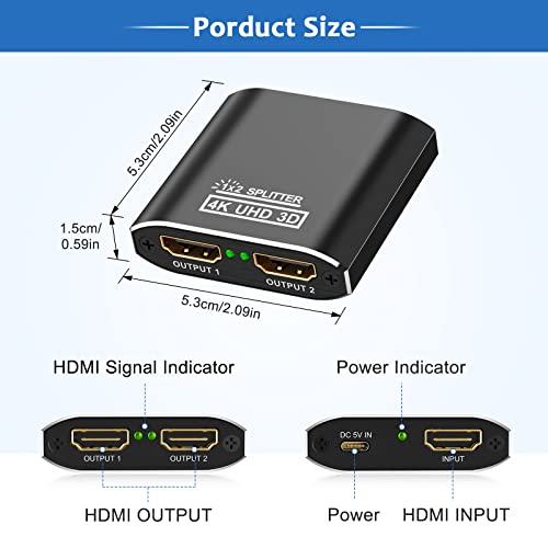 HDMI Splitter 1 in 2 Out, Aluminum Bypass 2 Way HDMI Splitter 4K for Dual Monitors supports 4K@60Hz HDCP 1.4 1080P 3D for PS4 Xbox Sky Box Fire Stick,DVD Player HDTV Projector(Mirror Only,Not Extend)