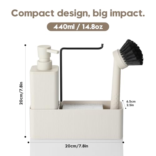 Spülmittelspender Küche Beige mit Seifenspender Spülbürste Schwamm Spültuchhalter, Seifenspender Küche Set, Spülbecken Organizer Schmal für Küchen Bad (Beige)