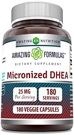 Amazing Formulas Micronized DHEA 25mg 180 Veggie Capsules Supplement | Non-GMO | Gluten Free | Made in USA | Ideal for Vegetarians | Dehydroepiandrosterone Capsules for Men & Women