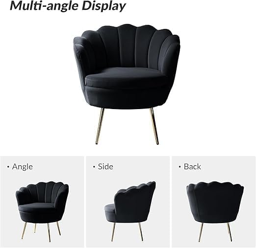 Image of Wooden Velvet Shell Accent Chair, Upholstery, Gold Metal Legs, Channel Tufted Design, Barrel Chair for Living Room, Drawing Room, Bedroom, & Office (Black)