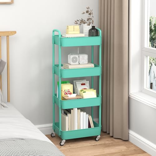 Image of Sywhitta 4-Tier Plastic Rolling Utility Cart with Wheels for Storage,Green | Multi-Functional Storage Trolley, for Office, Living Room, Kitchen, Bathroom,Movable Organizer,Space-Saving,Easy to assemble