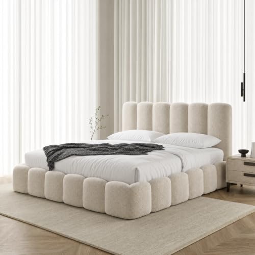 Cloud Upholstered Bed Frame, Teddy Fleece Modern Soft Boucle Platform Bed with Vertical Channel Headboard (Rice White, Queen (160x200cm with Spring Mattress))