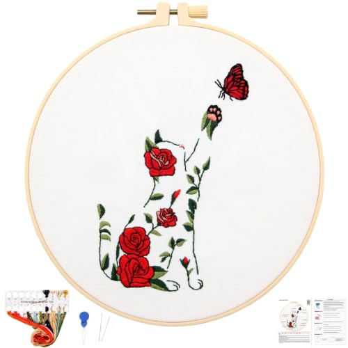 Flowers Cat Embroidery Kits for Beginners Adults, Cute Hand Embroidery Starters Kits, Floral Stamped Cross Stitch Kits Needlepoint Kits for Beginners Adults, Embroidery Hoop, Thread and Video Tutorial