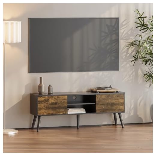 Tv-bänk Tv-skåp Mediaförvaring Sidobord Sideboard med 2 Dörrar Öppna Hyllor 5 Ben i Trä Max.20 kg Melaminbelagd Spånskiva Kabelgenomföring Mörk Träfärg Svart 120x29,5x46,5cm