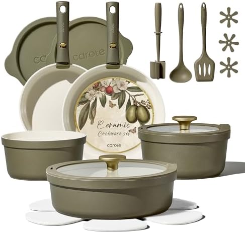 Carote 21pcs Ceramic Cookware Set with Detachable Handles, Pots a...