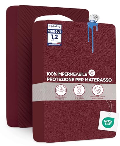 Utopia Bedding Coprimaterasso Singolo Impermeabile 90 x 200 x 30 cm, Certificato OEKO-TEX, Proteggi Materasso, Traspirante, Lavabile, Stile Montato Tutto Intorno Elastico Bordeaux