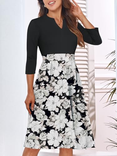 Image of YATHON Womens Elegant Print Notched Neck Slant Pocket Pleated Hem Casual A-Line Dress