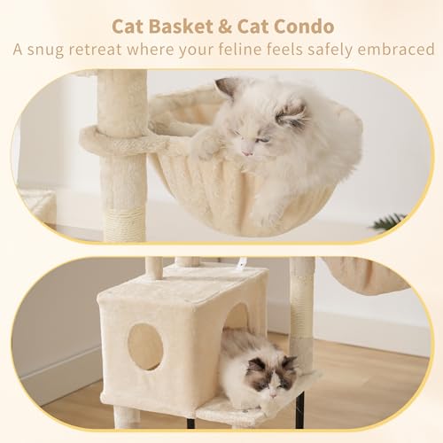 Image of Heybly Cat Tree with Toy, 49.2 inch Cat Tower for Indoor Cats HCT200SM | Spacious Cat House Condo with Hidden Space,Soft Plush Top Perch,Cozy Hammock and Sisal Scratching Posts, Beige