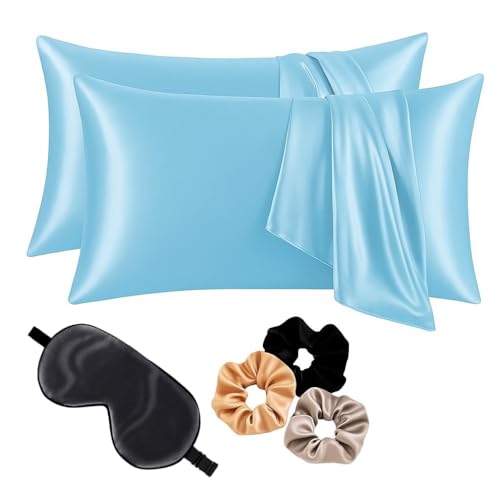 Image of Premium Satin Pillowcase Set of 2 with Eye Mask & 3 Scrunchies | Silky Soft, Anti-Frizz, Skin & Hair Care Sleep Set | Luxury Gift Combo for Women & Girls (Light Blue)