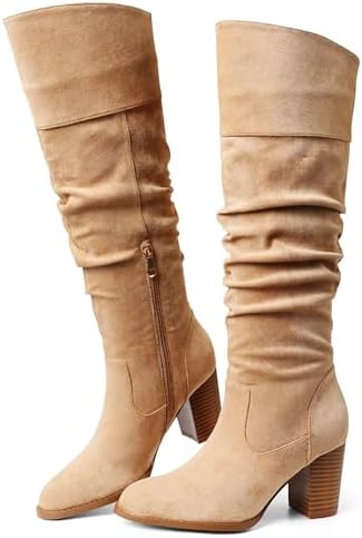 Erocalli Suede Knee-High Boots Fall Boot For Women Chunky Block H...