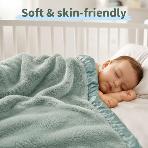 Image of Pro Goleem Fleece Baby Blanket with 2 Inch Satin Trim Soft Anti-Static Plush Blanket for Boys and Girls Christmas Baby Gifts for Babies 30''x40'',Sage Green