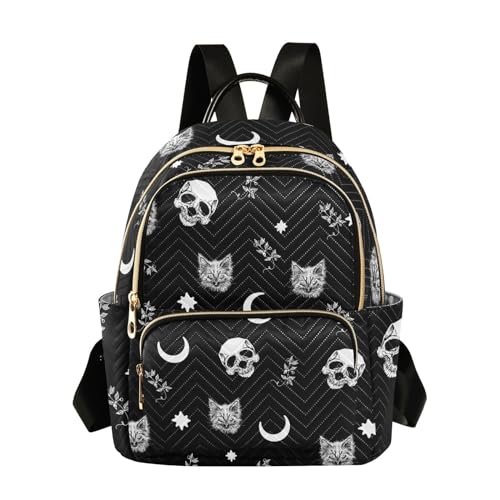 PJGINUIUA Mochila feminina moderna, casual, leve, de viagem, bolsa de ombro, Estampa gótica de caveira e gato e lua, Small, Mochilas de mochila