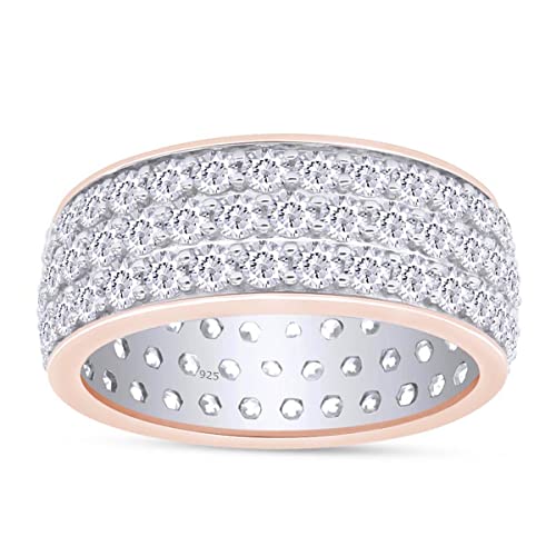 AFFY Round Cut Sparkling White Cubic Zirconia 3-Row Full Eternity Wedding Anniversary Band Ring In 14k Gold Over Sterling Silver