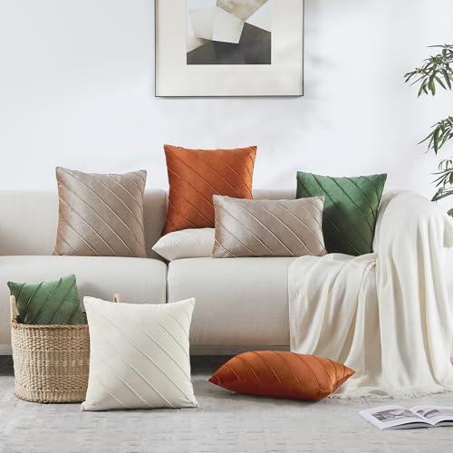 Image of GIGIZAZA Decorative Velvet Pillow Covers 18x18, Set of 2 Olive Green Sofa Couch Throw Pillows Covers Cases, Living Room Square Cushion Accent Stripe Covers