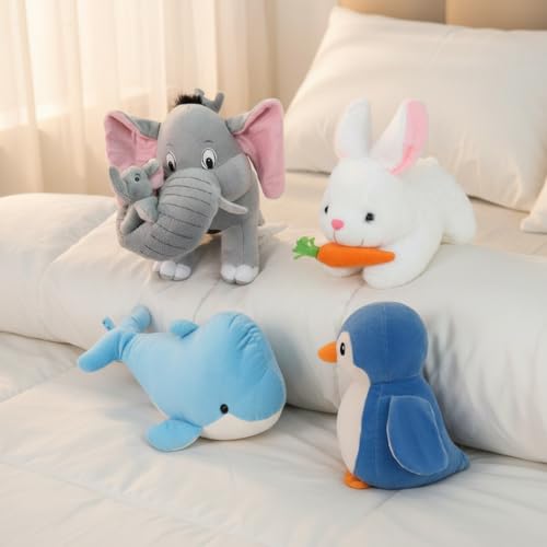 Image of Pack of 4 Elegant Soft Toys Combo Set Penguin /Elephant with Baby /Dolphine /Rabbit Toy Animals for You - (Multicolor)