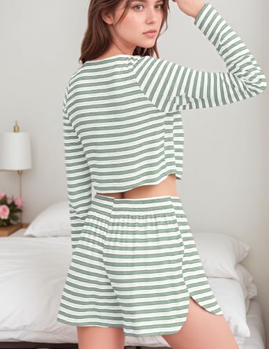 Image of Split Short Pajama Set Women's Striped Pjs with Sleeve Tee & Elastic Waist | Split-Leg Shorts Design, Soft Striped 2-Piece Lounge Set, Breathable Comfy, Travel, or Cozy Days At Home, Summer Vibes