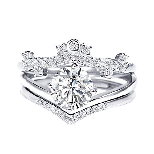 3 peças de alianças de casamento com coroa aberta Halo Solitário Anéis de Noivado para Mulheres Conjunto de Anéis de Noiva de Aniversário com Zircônia Cúbica Tamanho Ajustável 5-11, Metal, Zircônia