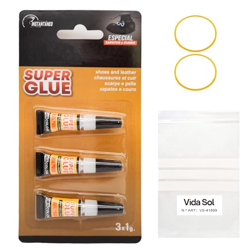 VIDA SOL Pegamento Instantáneo para Zapatos y Cuero, Super Glue de Alta Precisión, Adhesivo Profesional para Calzado, Cuero, Caucho, Goma, Reparación Rápida y Flexible, 3x1G