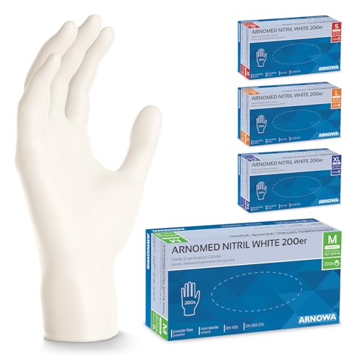 200x ARNOMED Einweghandschuhe Weiß, Einmalhandschuhe M, Handschuhe Einweg 200 Stück/Box, Gummihandschuhe puderfrei, latexfreie Nitrilhandschuhe in S, M, L & XL, Putzhandschuhe, Koch-/Küchen-Handschuhe
