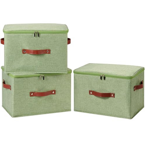 Image of 3PCS Storage Bins Boxes with Zippered Lids Cotton Linen Fabric Decorative Basket PU Leather Handles PP Plastic Board Foldable Lidded Shelf Closet Organizer Container (Light Green, Large)