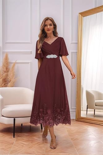 Tea Length Mother of The Bride Dresses for Wedding V Neck Lace Chiffon Formal Evening Dresses with Sleeves4