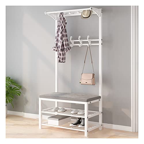 BBioss Perchero de Entrada multifunción con Ganchos Verticales para Pasillo, Cambiador de Zapatos con Dos Capas de Hierro Forjado (Color: Blanco y Gris, tamaño 60 cm)