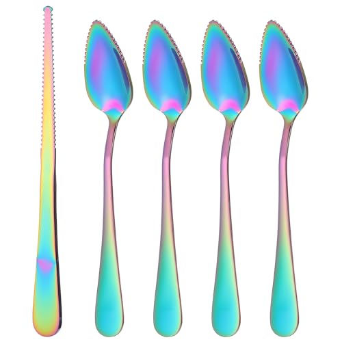 Grapefruitlöffel 5-Teiliges Set 4 Grapefruitlöffel aus Edelstahl und 1 Grapefruitmesser Kiwi Löffel gezackte Kanten Löffelpackung Fruchtlöffel...
