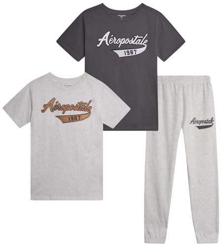 AEROPOSTALE Active Boys Joggers Set - 3 Piece Short Sleeve Boys Graphic Tees and Fleece Kids Sweatpants Tracksuit Set (8-16)
