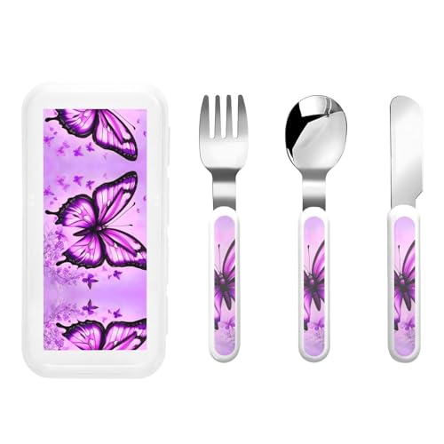 Purple Butterfly - Juego de vajilla infantil de 3 piezas, cuchillo reutilizable, tenedor y cuchara, vajilla portátil de protección alimentaria para niños Purple Butterfly - Juego de vajilla infantil de 3 piezas, cuchillo reutilizable, tenedor y cuchara, vajilla portátil de protección alimentaria para niños