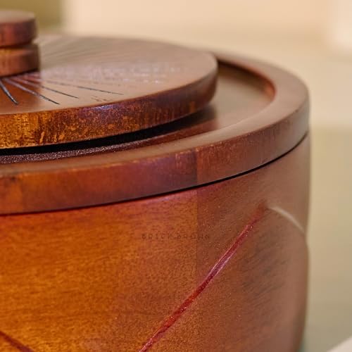 Image of Brick Brown Roule Wooden Masala Box with Lid | Hand-Carved Spice Box Organizer with 7 Stainless Steel Containers & Wooden Spoon | Solid Wood Masala Dani Spice Storage Box for Kitchen (8.3x4.3 Inch)
