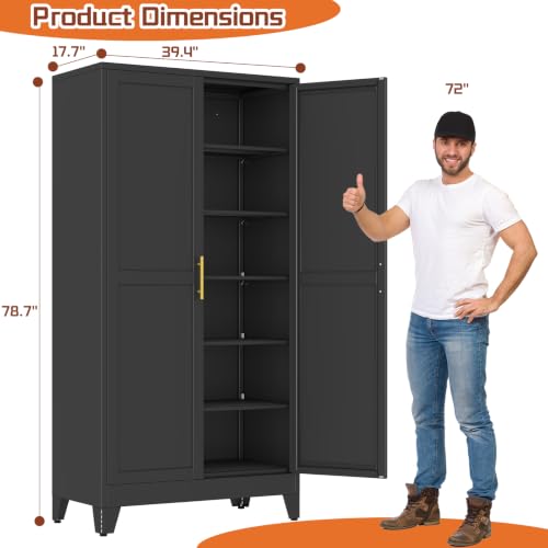 Image of RISRERN Black Metal Storage Cabinet, 79 inch Steel Cabinets for Home Office | Kitchen Pantry Storage Cabinet with Doors, 5 Adjustable Shelves, Metal Pantry Cabinet, for Office, Home, School 40 inch W