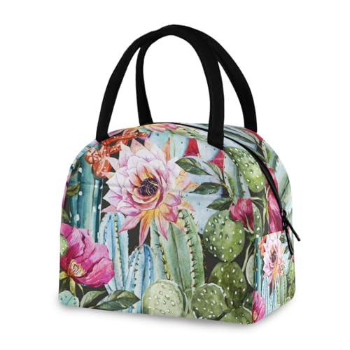 ZZKKO Floral Cactus Lunch Bag Box Tote Organizer Lunch Container Insulated Zipper Meal Prep Cooler Handbag For Women Men Home School Office Outdoor Use
