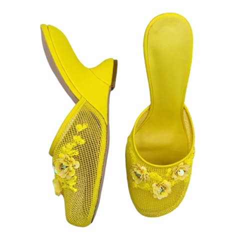 Women's Mesh Mule Wedge Sandals Floral Sequin Round Closed Toe Slip On Heels Sandal Funky 90s Y2K Chinese Heel Slippers