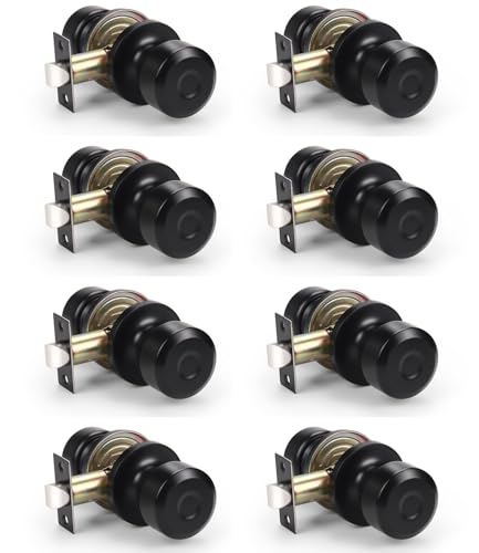 KNOBWELL 8 Pack Passage Square Modern Door Knob, Interior Door Knobs Hall and Closet Door Handle, Keyless Matte Black Non Locking Round Door Knob Lockset